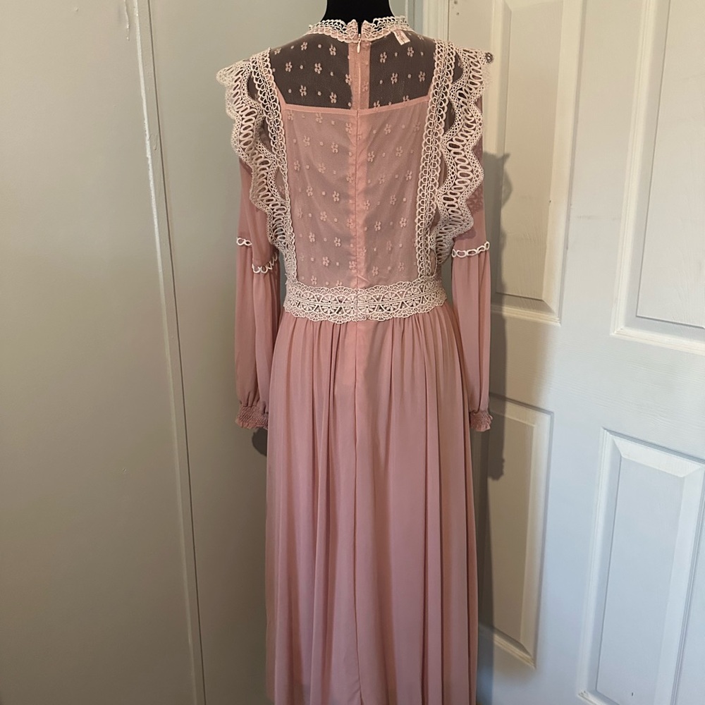 Phiran Fushi Mauve Cream Mesh Lace Floral High Neck Nightgown XL Long Sleeve